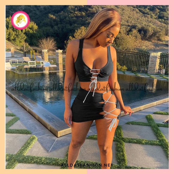 Riley 2 Piece Lace Up Crop Tank Top + Skirt Sets - Picture 5 of 5